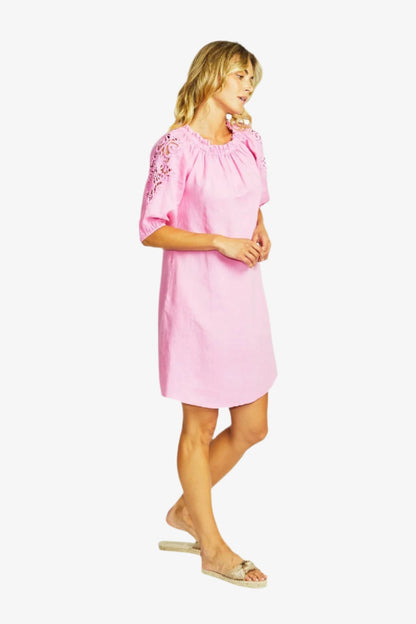 Jojo Linen Lace Trim Dress in Bubblegum