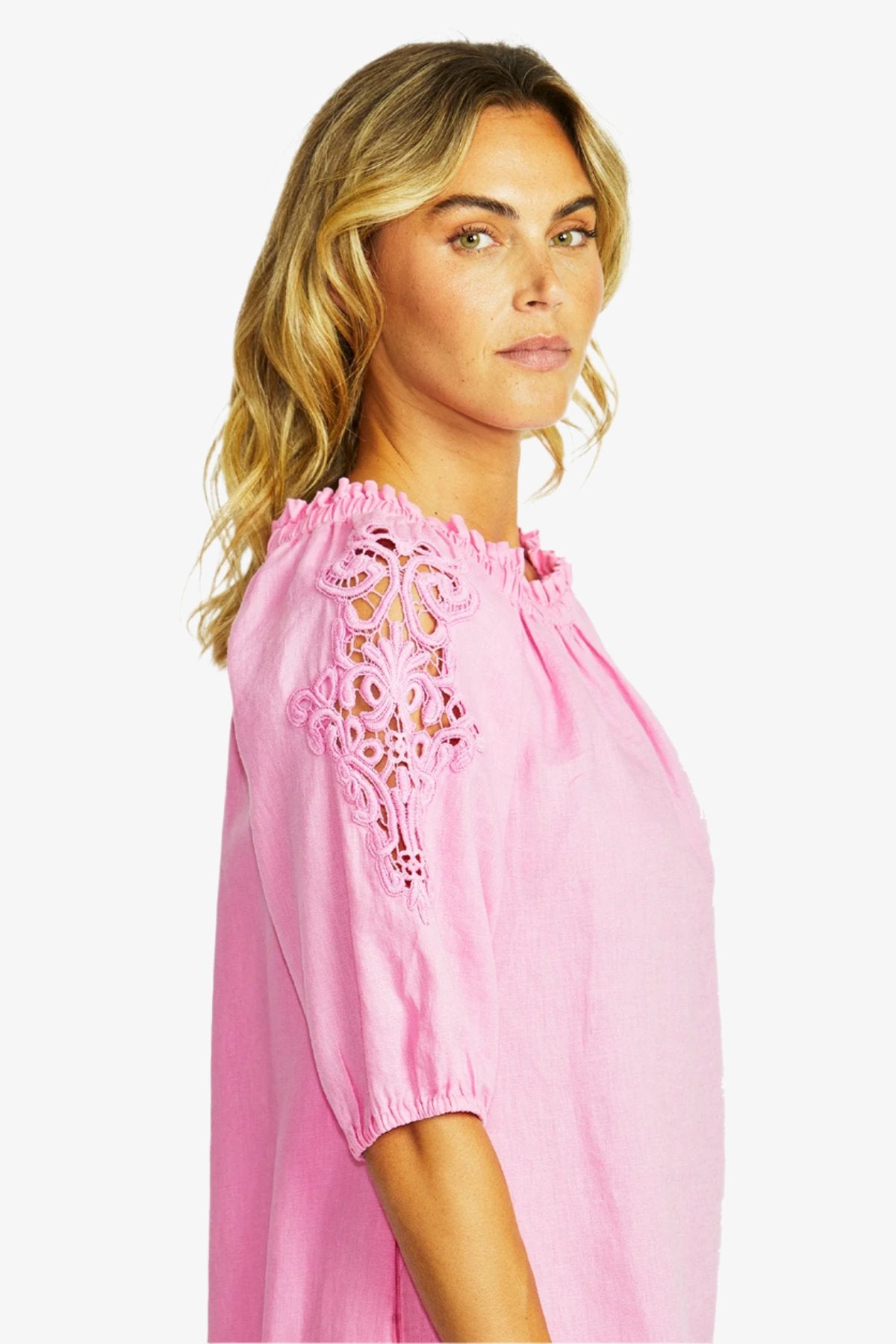 Jojo Linen Lace Trim Dress in Bubblegum