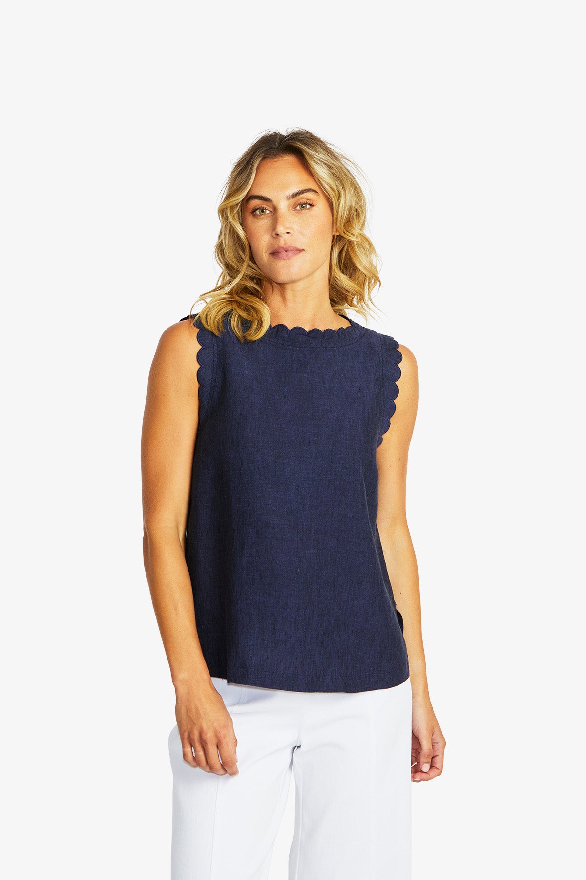 Women's Linen Scallop Top in Navy | Lucy