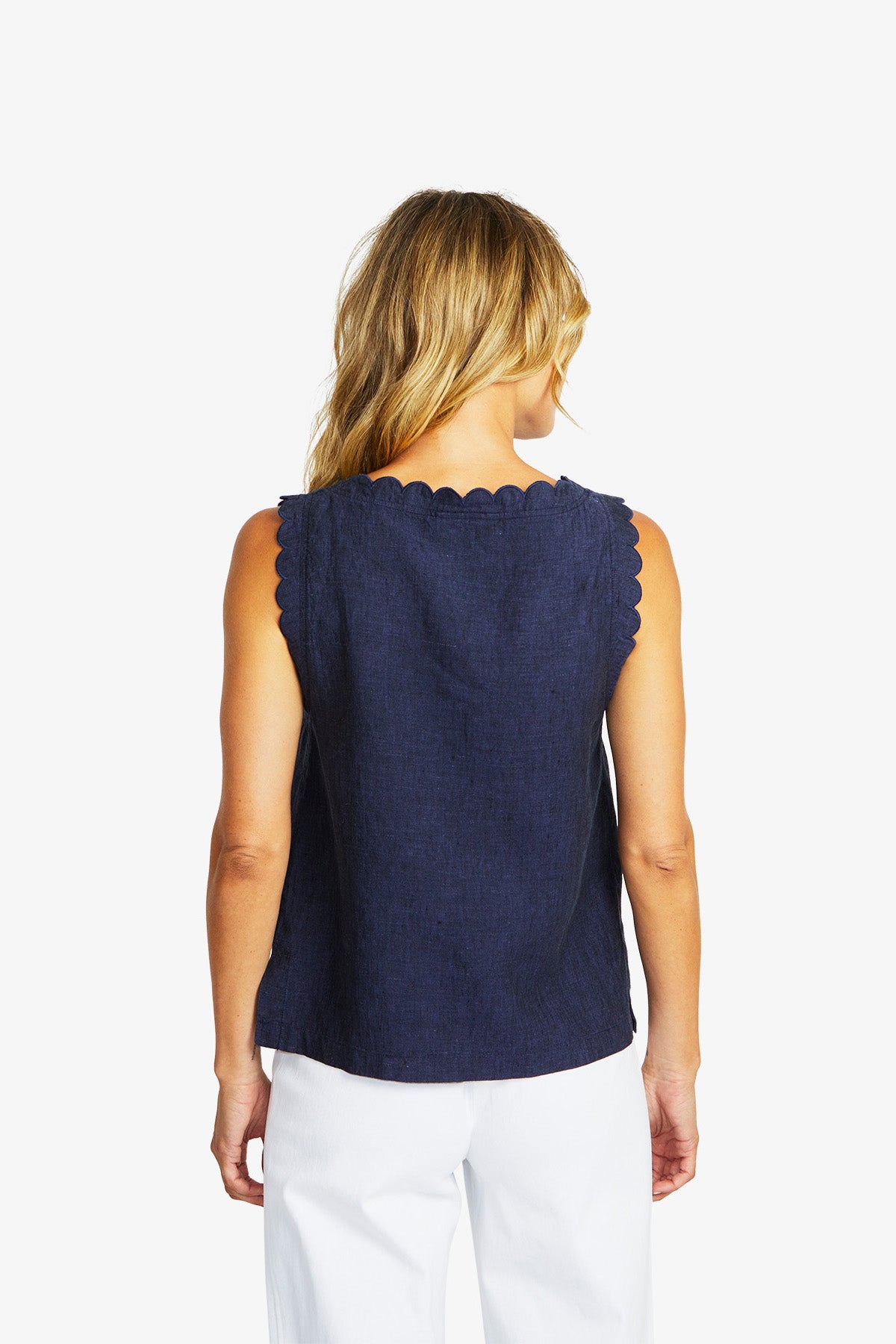 Women's Linen Scallop Top in Navy | Lucy