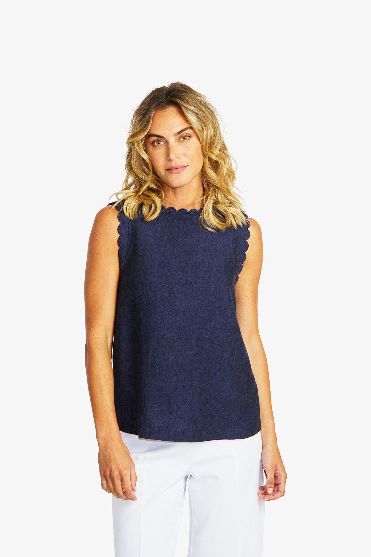 Women's Linen Scallop Top in Navy | Lucy