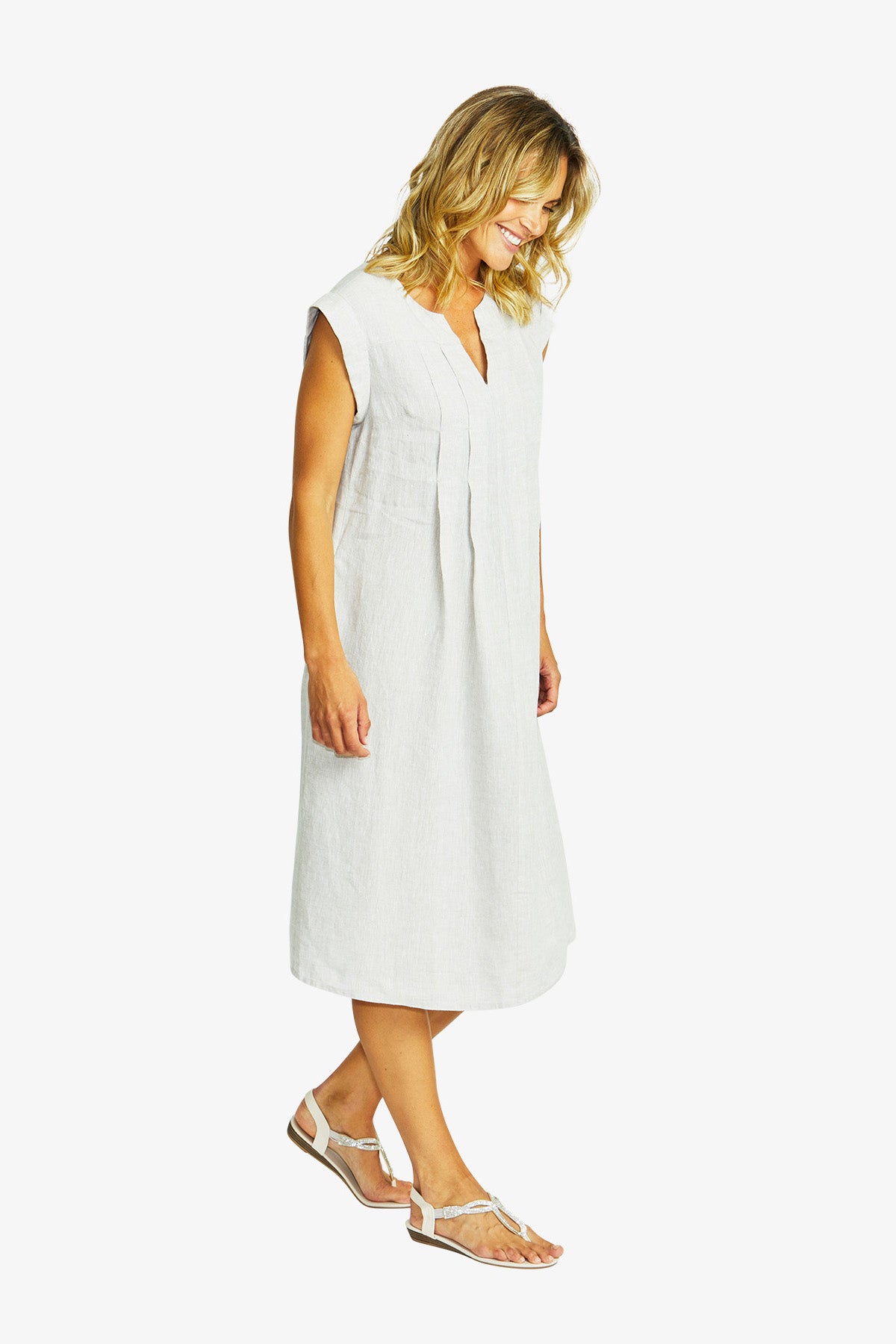 Maria Linen Pintuck Dress in Flax