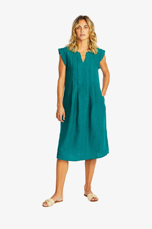 Maria Linen Pintuck Dress in Ivy