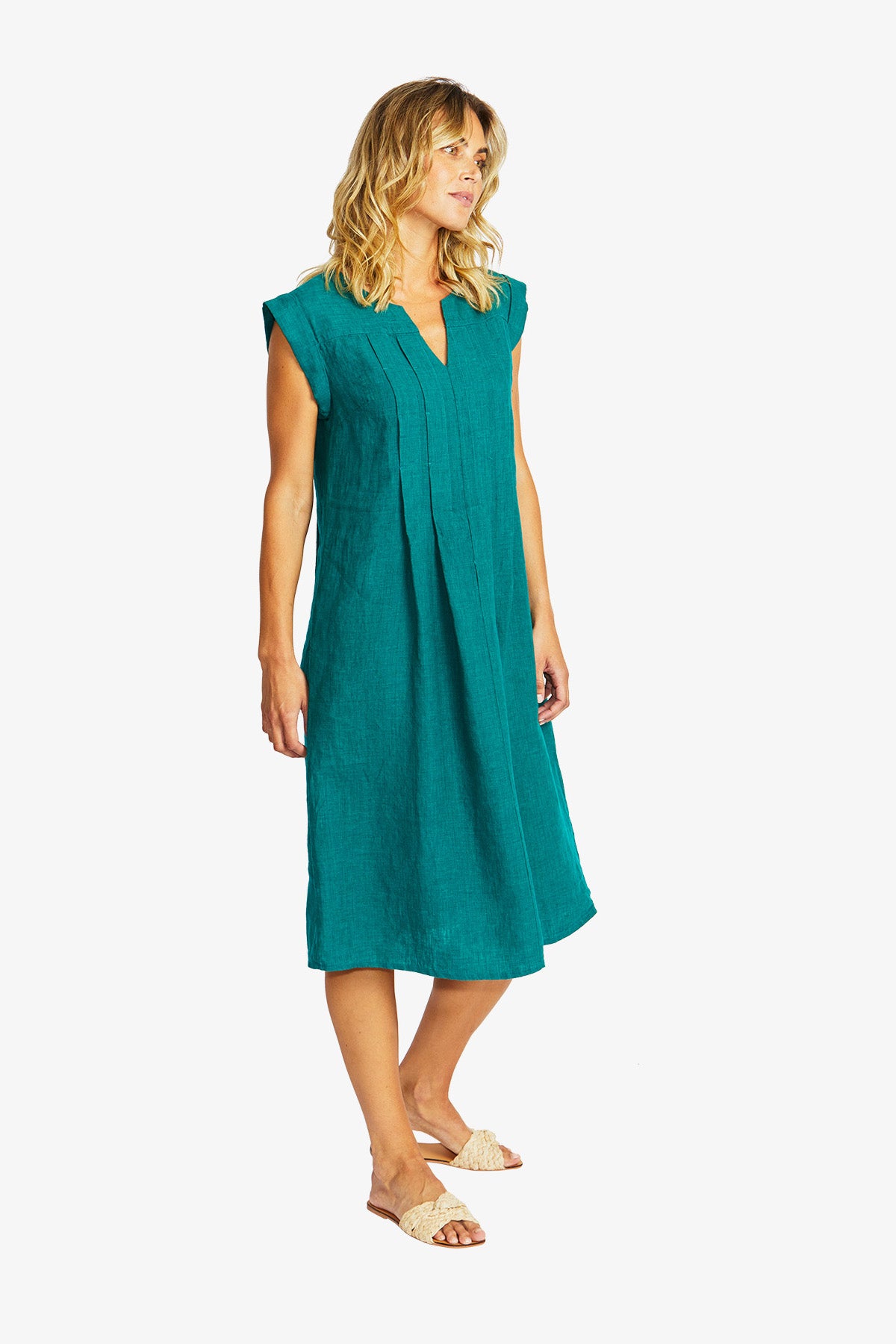 Maria Linen Pintuck Dress in Ivy