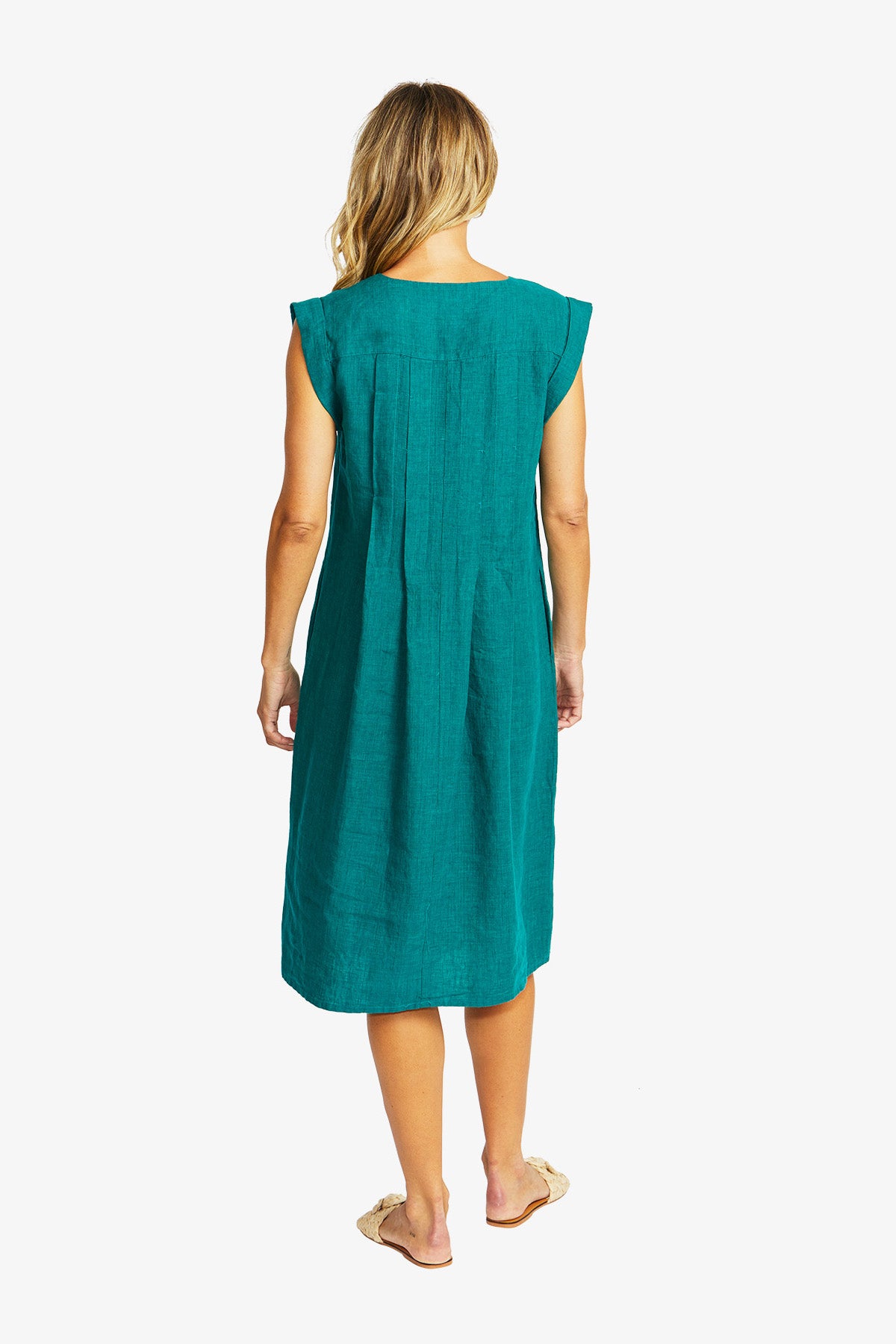 Maria Linen Pintuck Dress in Ivy