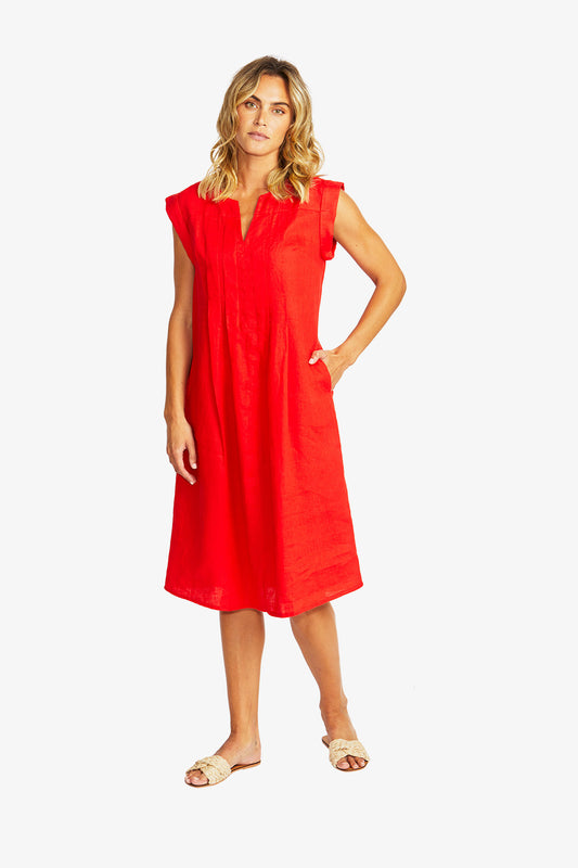 Maria Linen Pintuck Dress in Poppy