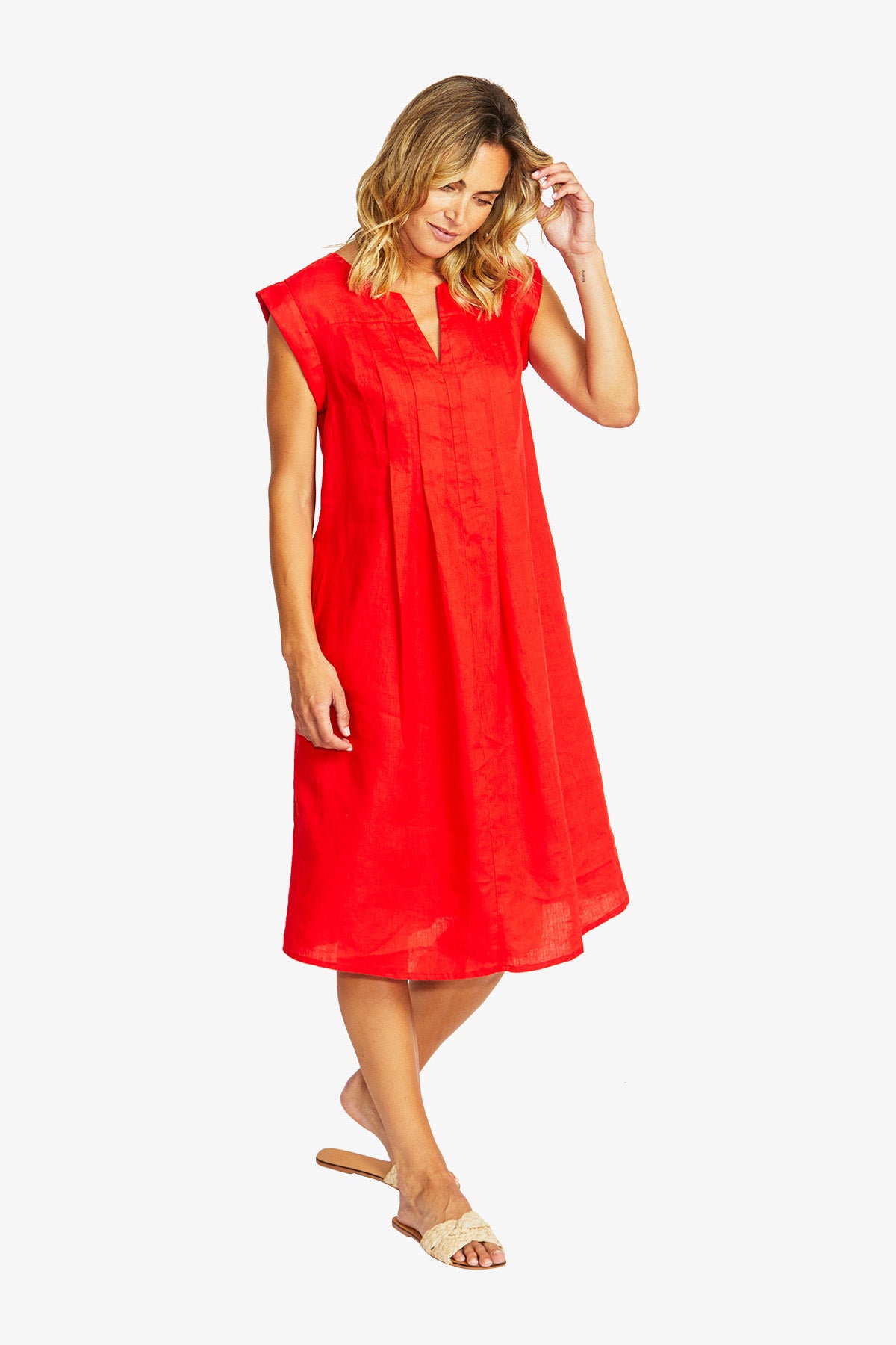 Maria Linen Pintuck Dress in Poppy