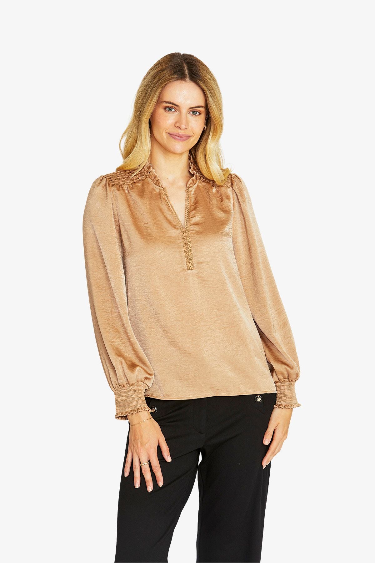 Womens Nessa Shirred Blouse Beige P605322