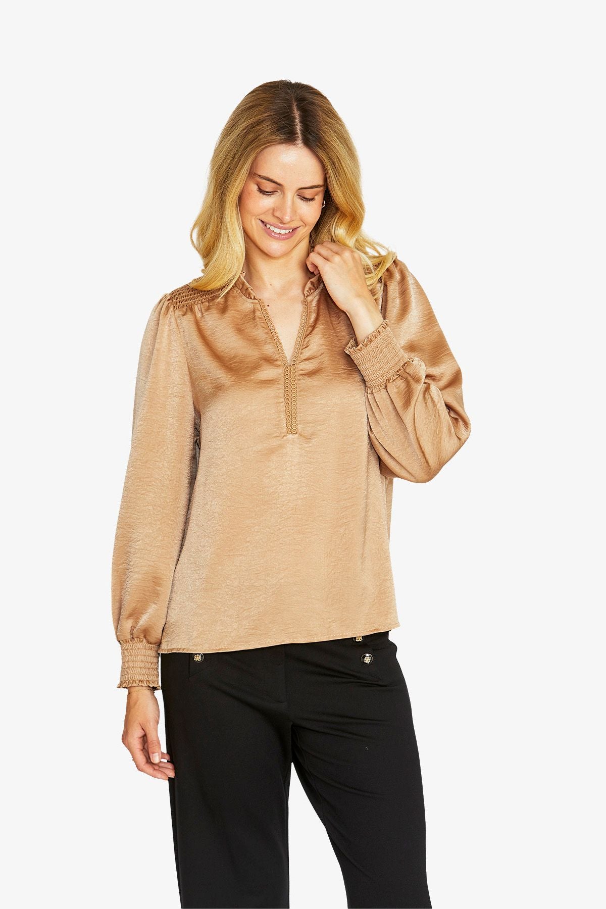 Womens Nessa Shirred Blouse Beige P605322
