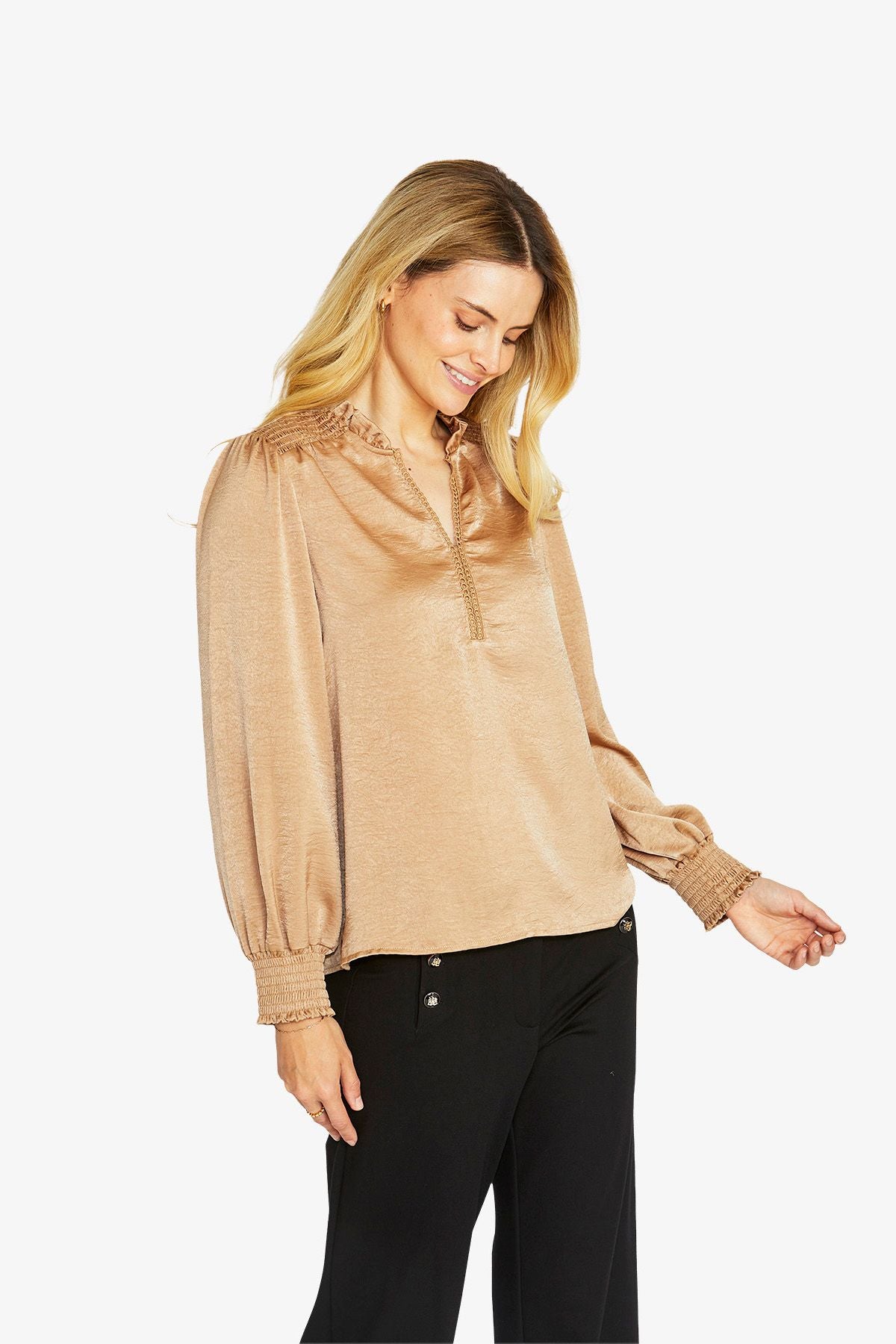 Womens Nessa Shirred Blouse Beige P605322
