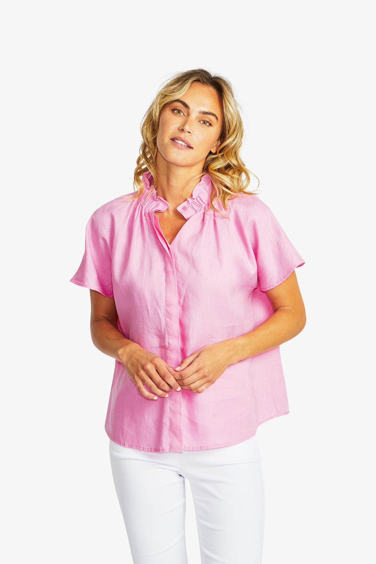Nora Linen Ruffle Blouse in Bubblegum