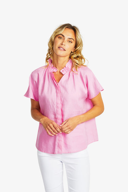 Nora Linen Ruffle Blouse in Bubblegum