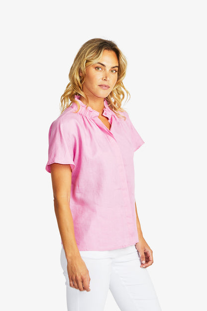 Nora Linen Ruffle Blouse in Bubblegum