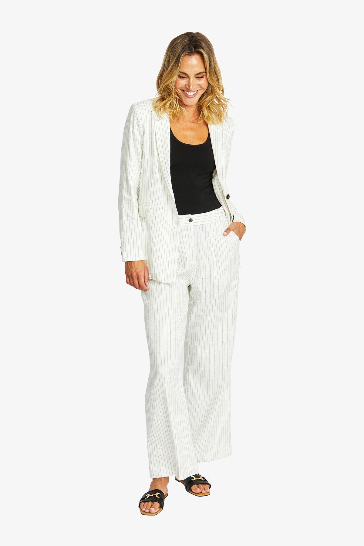 Women's Pinstripe Blazer in Navy and Ivory Cream | Amanza