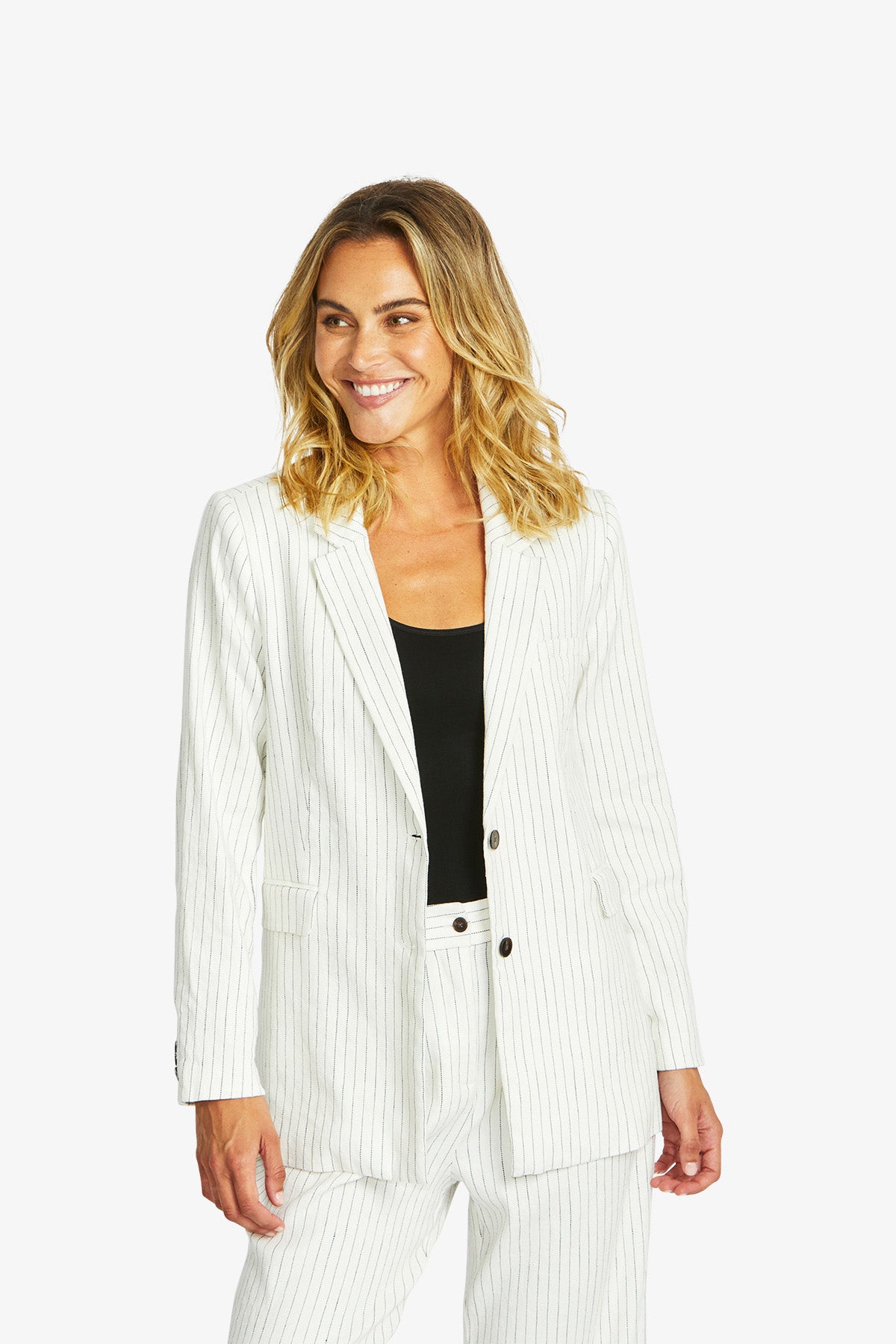 Women's Pinstripe Blazer in Navy and Ivory Cream | Amanza