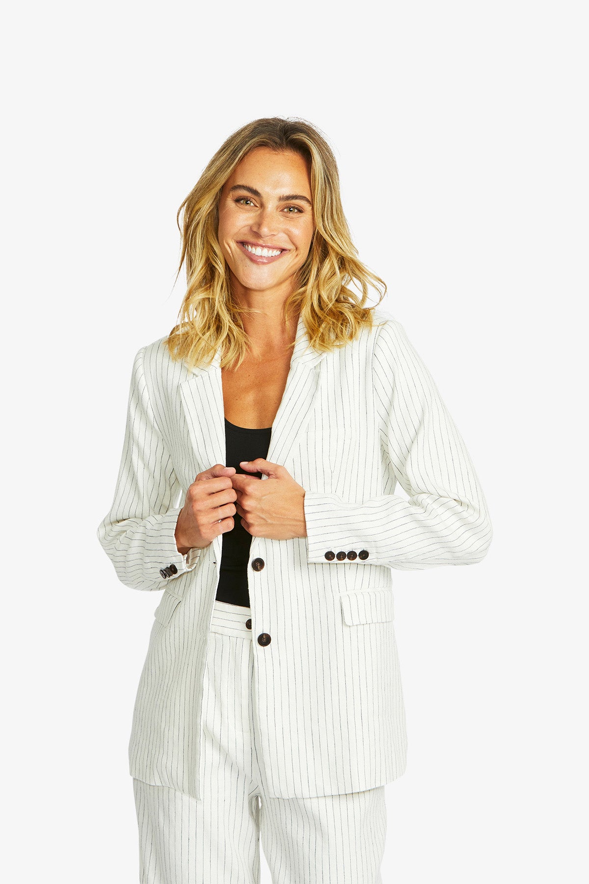 Women's Pinstripe Blazer in Navy and Ivory Cream | Amanza