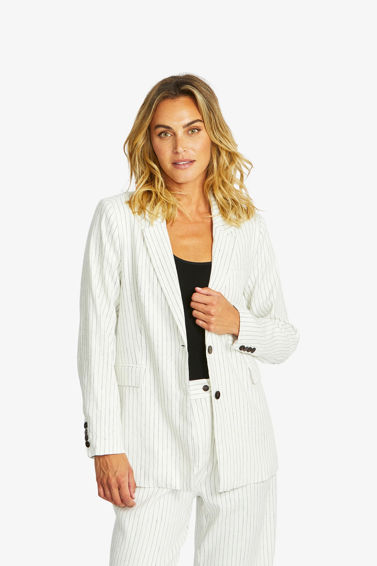 Women's Pinstripe Blazer in Navy and Ivory Cream | Amanza