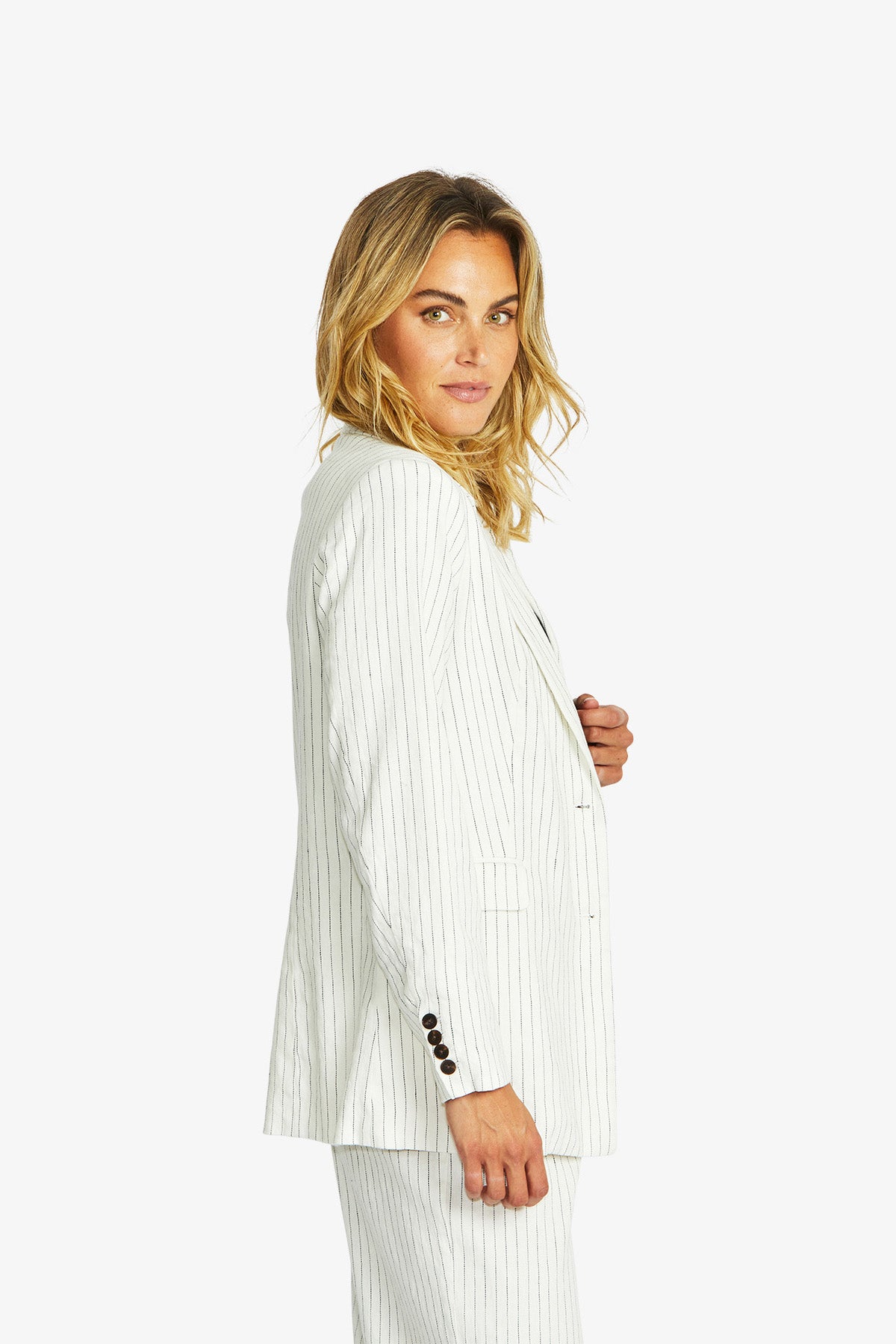 Women's Pinstripe Blazer in Navy and Ivory Cream | Amanza