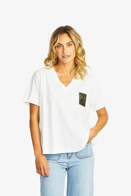 Women's Sequin T-Shirt in Ivory and Khaki Green | Shiloh