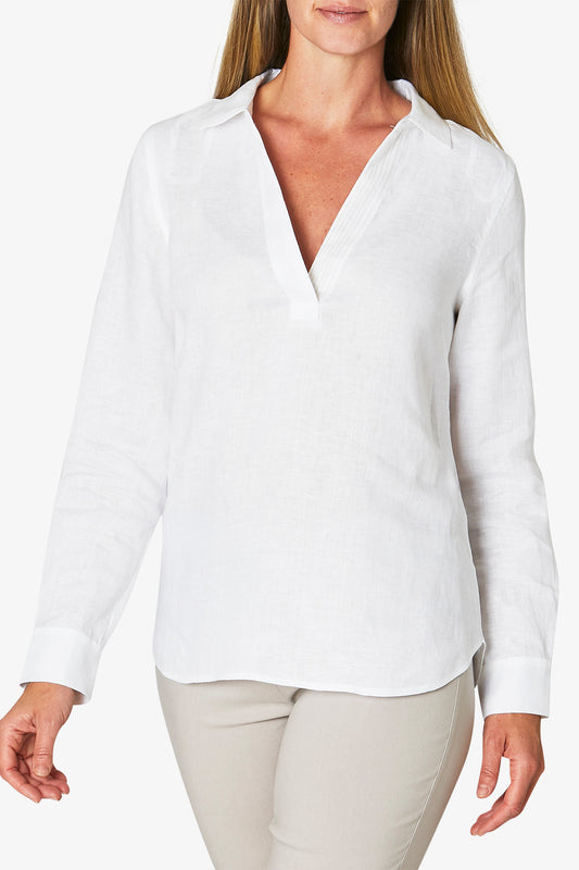 Stitch Detail Linen Shirt White and Flax