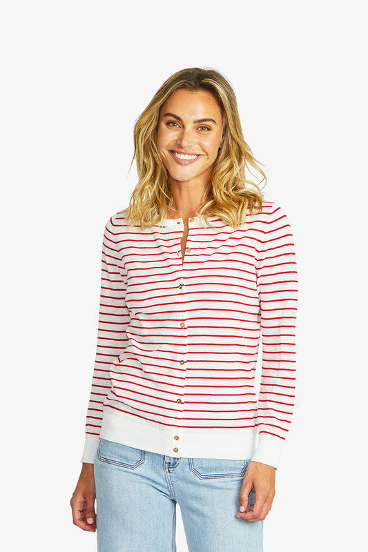 Women's Stripe Cardigan in White and Poppy Red | Ella