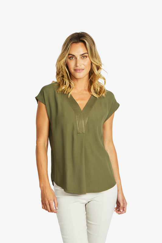 Women's V-Neck Slinky Top in Khaki Green | Helen