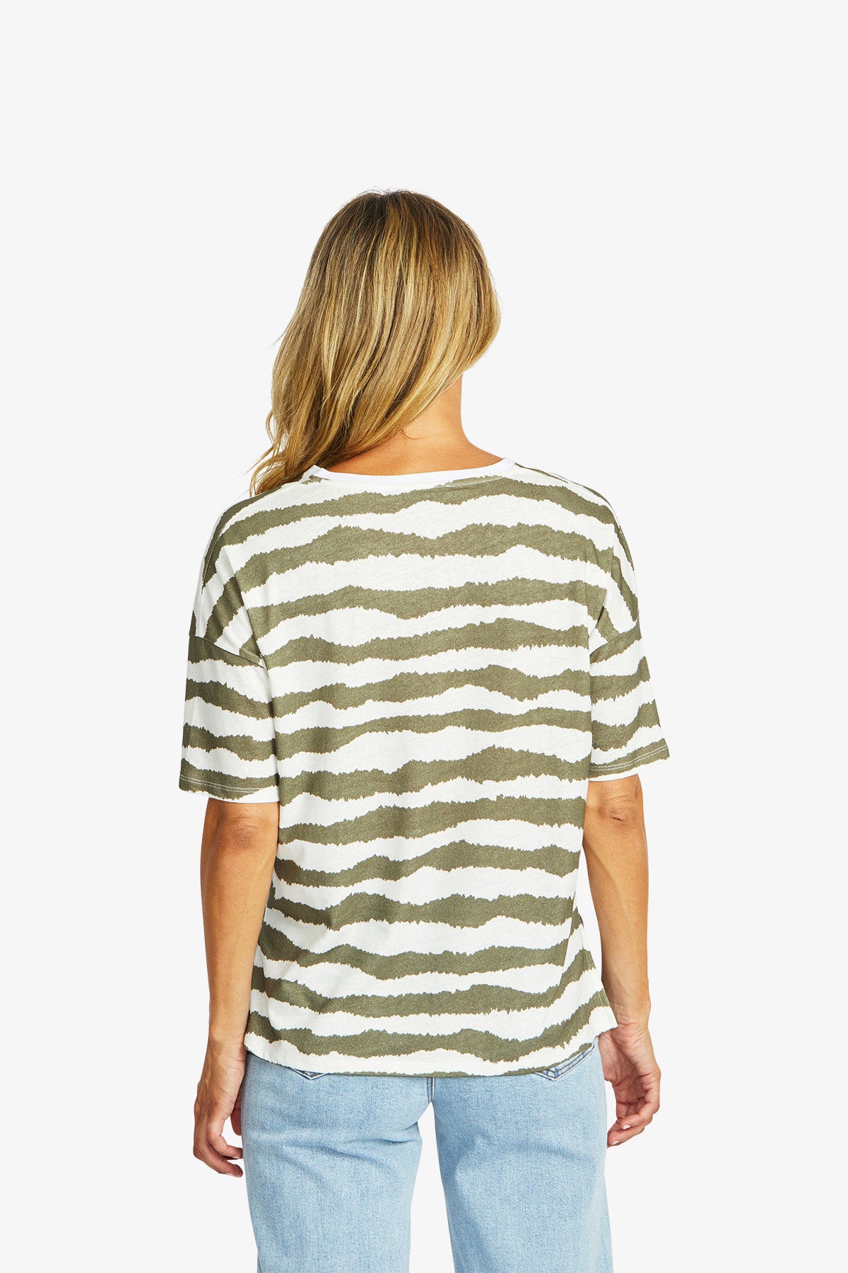 Women's V-Neck T-Shirt in White and Khaki Green | Wave