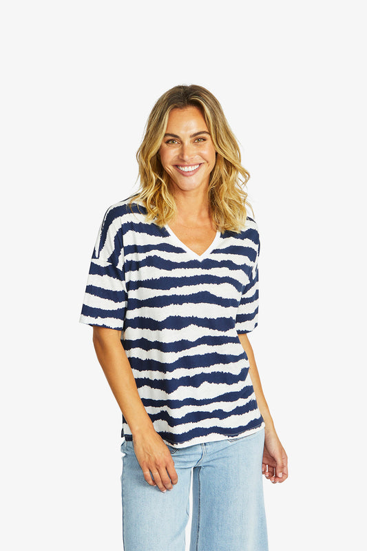 Women's V-Neck T-Shirt in White and Navy | Wave