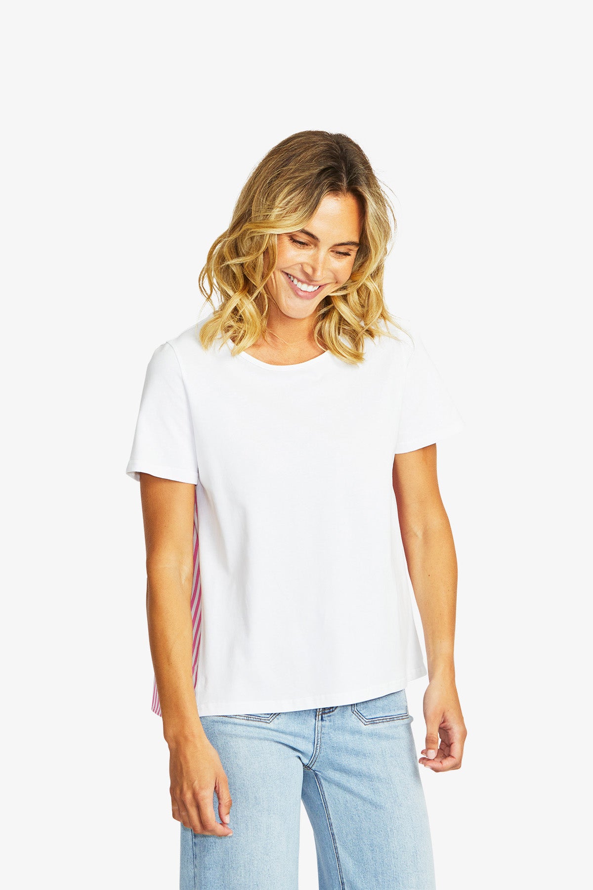 Zoey Stripe Top in White-Bubblegum