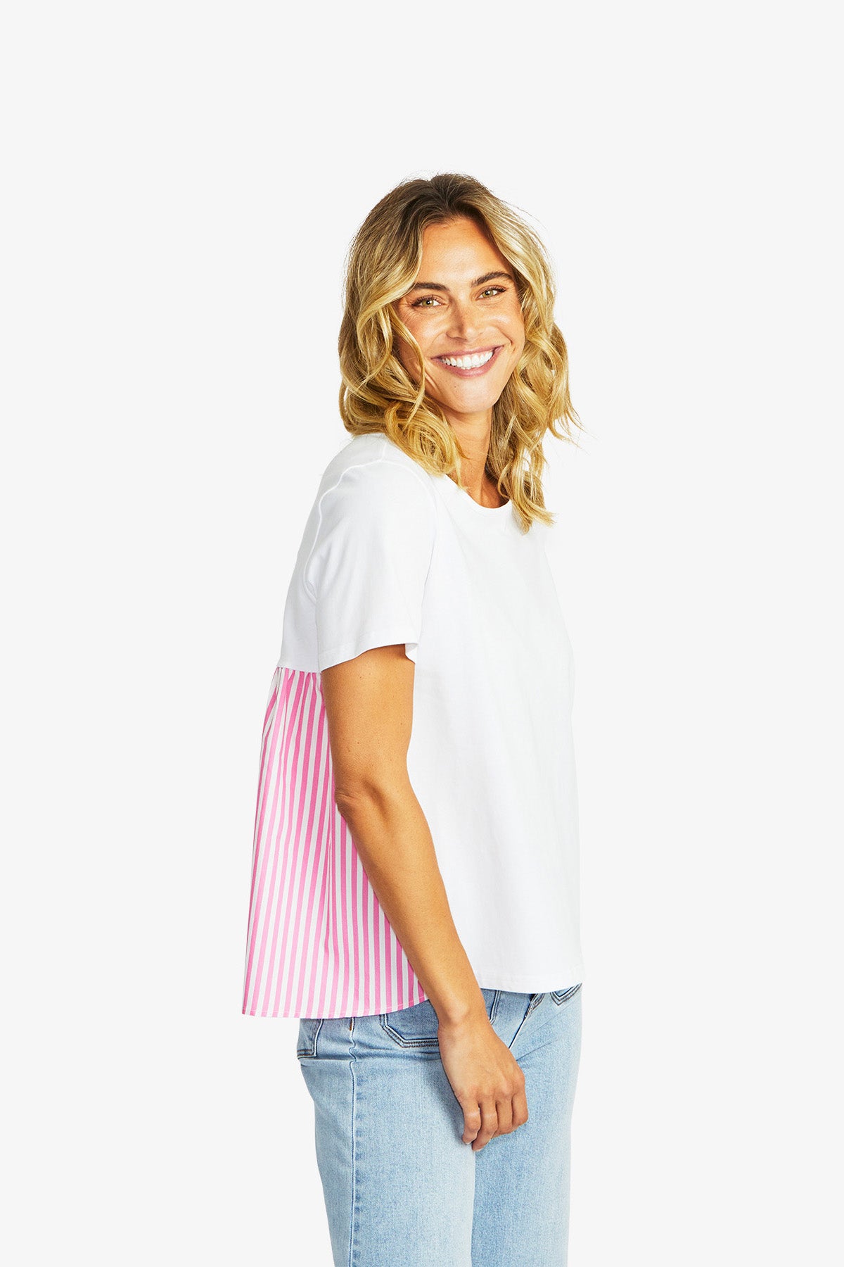Zoey Stripe Top in White-Bubblegum