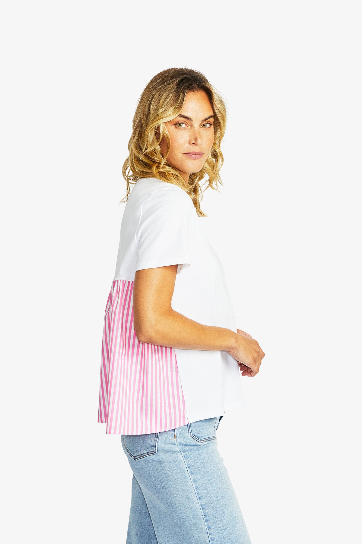 Zoey Stripe Top in White-Bubblegum