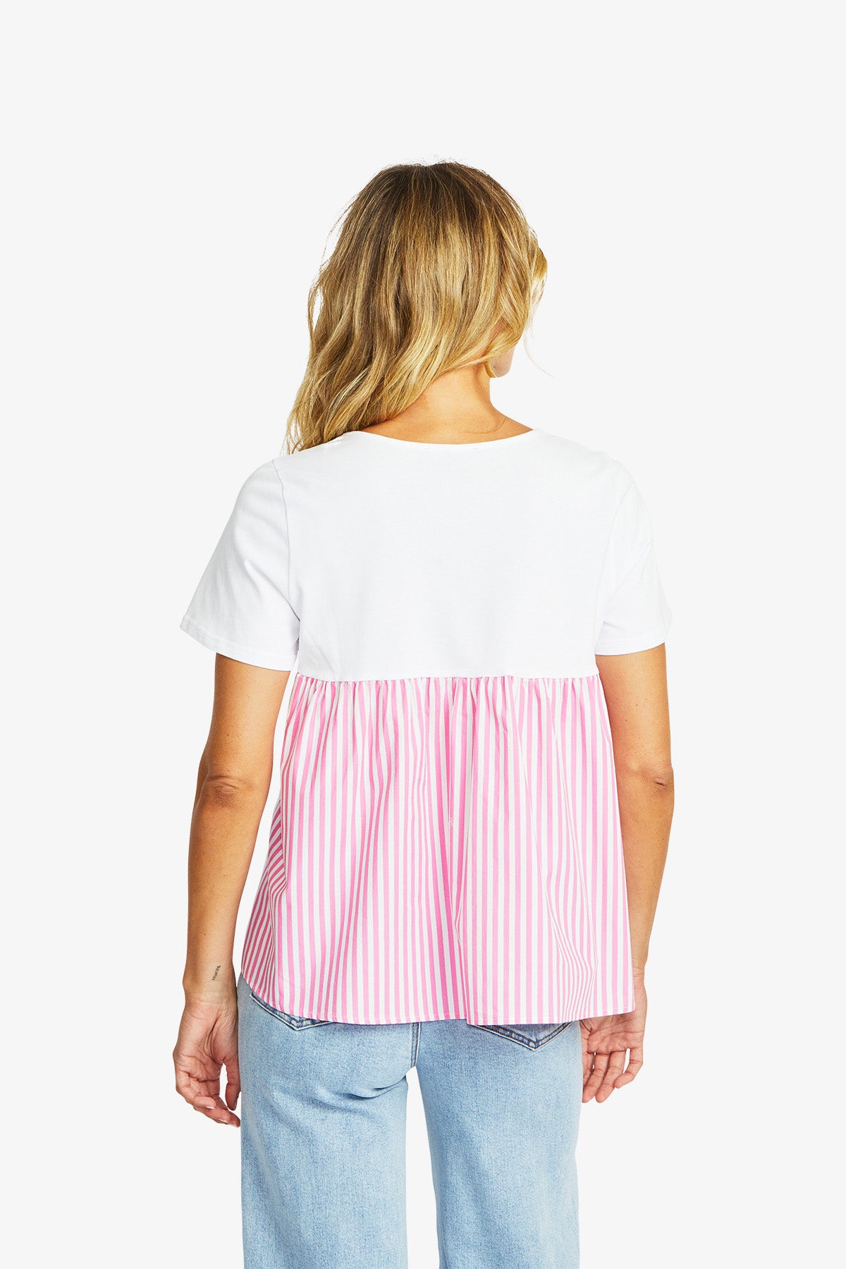 Zoey Stripe Top in White-Bubblegum