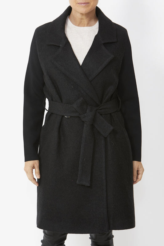 Women's Wool Blend Knit Sleeve Coat in Black