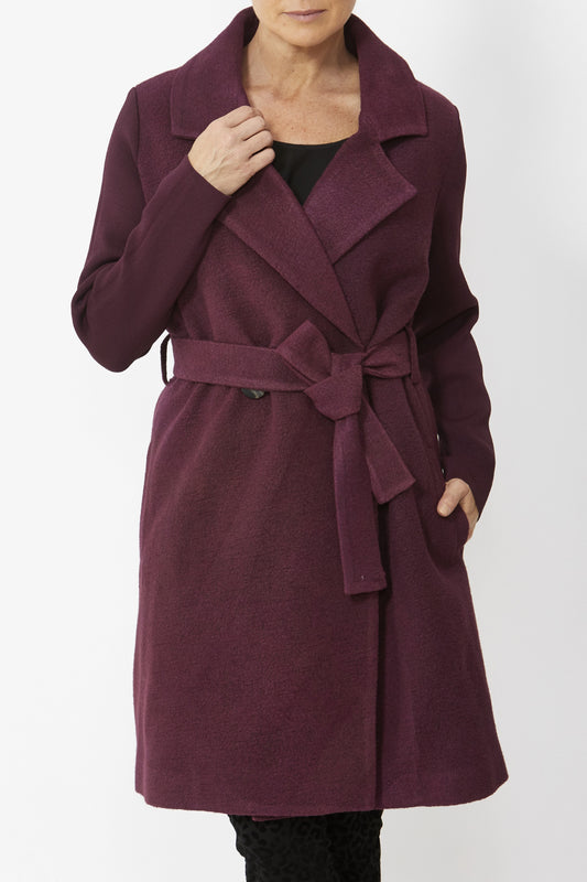 Women's Wool Blend Knit Sleeve Coat in Maroon